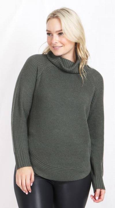 Long Sleeves High Neck Curved Hem Knit Pullover