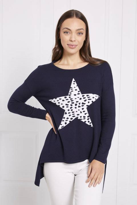 LONG SLEEVES STAR PRINT HI-LOW HEM KNIT PULLOVER