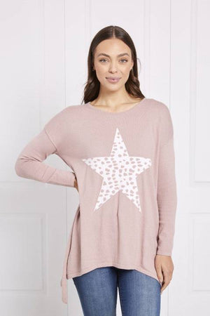 LONG SLEEVES STAR PRINT HI-LOW HEM KNIT PULLOVER