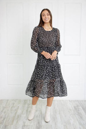 LONG SLEEVE SHIRRING DETAIL PRINTED MIDI DRESS
