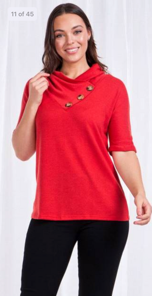 Short Sleeve Cowl Neck Top With Button Detail