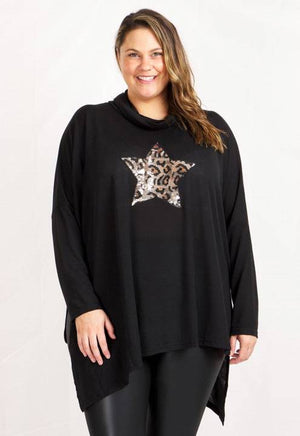 Long Sleeves Star Sequins Asymmetrical Hem Top