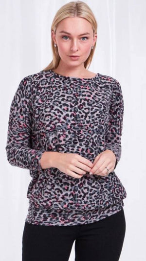 Long Sleeve Animal Print Acrylic Top With Wide Hem Band