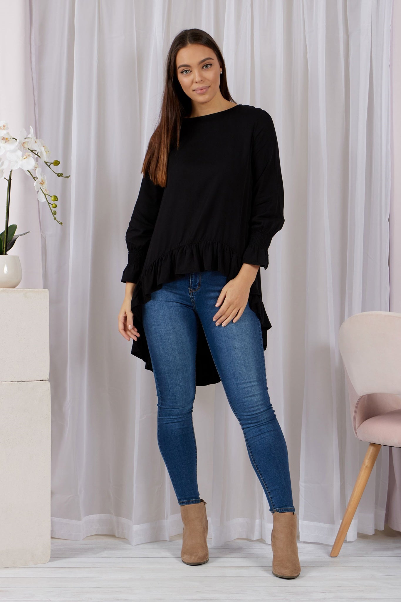 Elastic Cuff Frill Hem High-Low Top