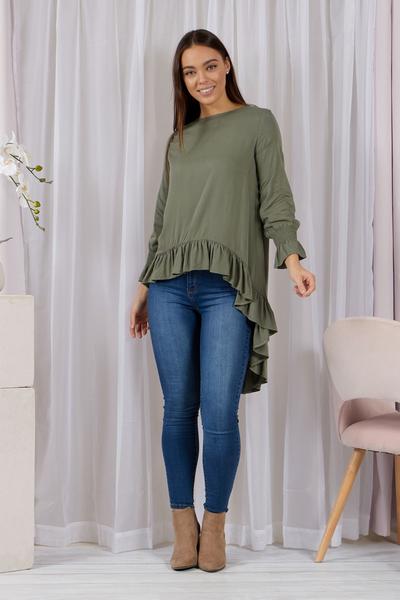 Elastic Cuff Frill Hem High-Low Top