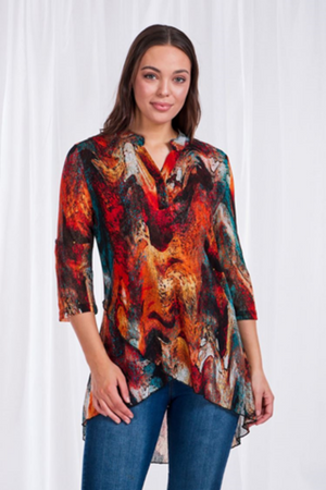 3/4 SLEEVE VNECK MESH PRINTED CROSS OVER TOP