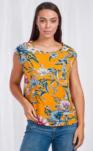 Floral Print Cap Sleeve Top - Mustard