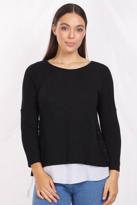 Long Sleeve Round Neck Top with Side Button Detail