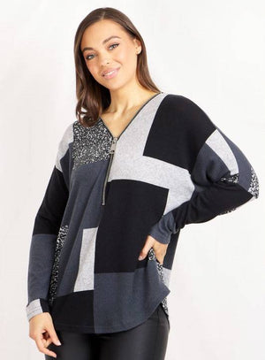 Long Sleeve Zip Front Patchwork Print Top