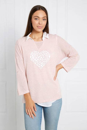 3/4 SLEEVE DOUBLE LAYER TOP WITH HEART PRINT AND HANKY HEM