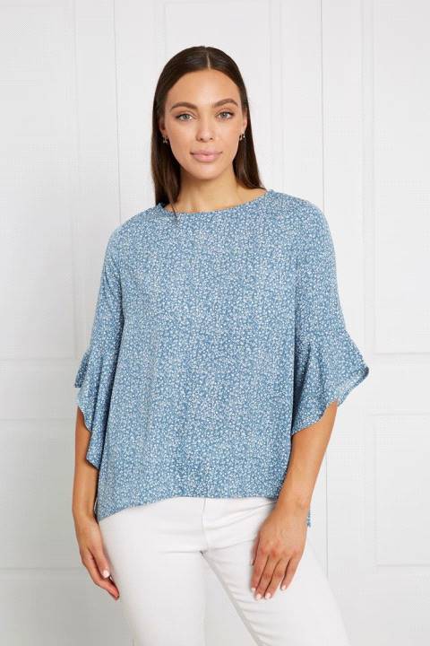 3/4TH FLUTED SLEEVE FLORAL PRINT TOP