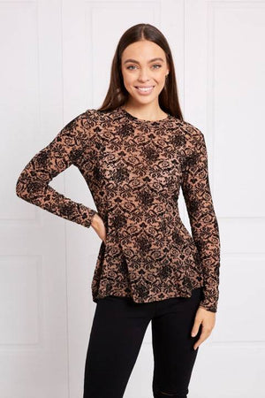 LONG SLEEVE FLOCKING PRINT MESH PEPLUM TOP