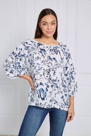 3/4 SLEEVE PRINTED LINEN TOP