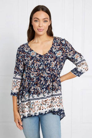 3/4 SLEEVE BORDER PRINT BUTTON FRONT TOP