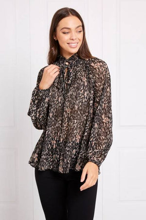 LONG SLEEVE PRINTED PLEAT DETAIL TOP