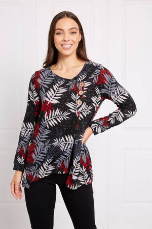 LONG SLEEVE LEAF PRINT BUTTON DETAIL TOP