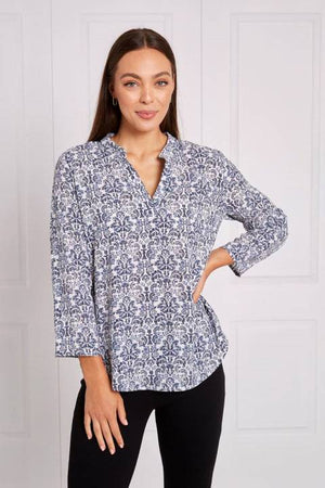 3/4 ROLL-UP SLEEVE PRINTED BLOUSE WITH MANDARIN COLLAR