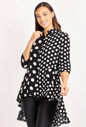 3/4 Sleeves Polka Dot Print Hi-Low Hem Shirt
