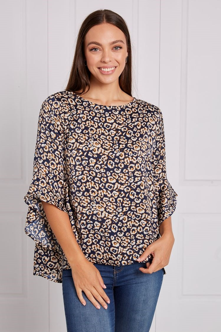 ANIMAL PRINT FLUTE SLEEVE BLOUSE