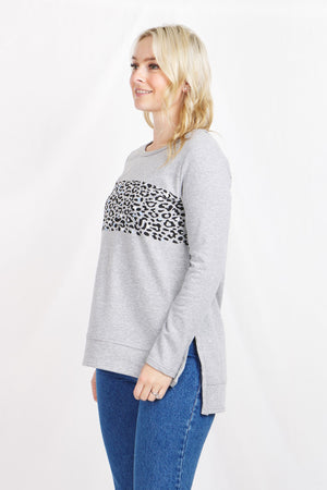 Long Sleeves With Front Panel Animal Print Sweat Top