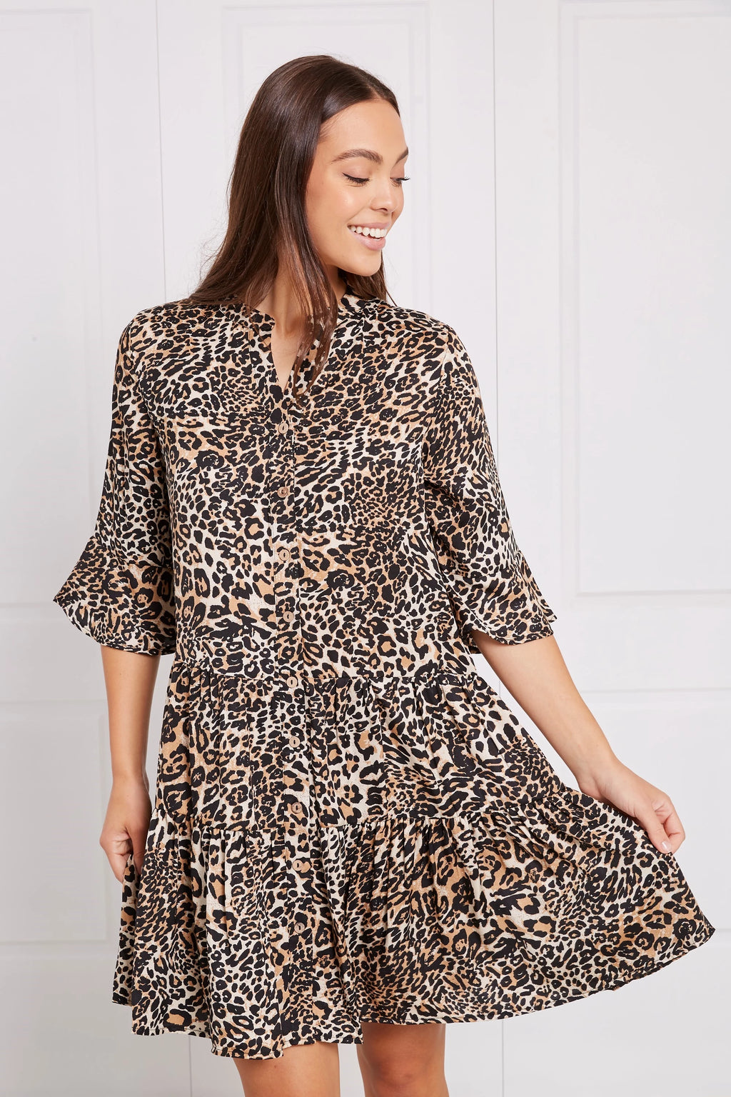 ANIMAL PRINT TIERED BABYDOLL DRESS