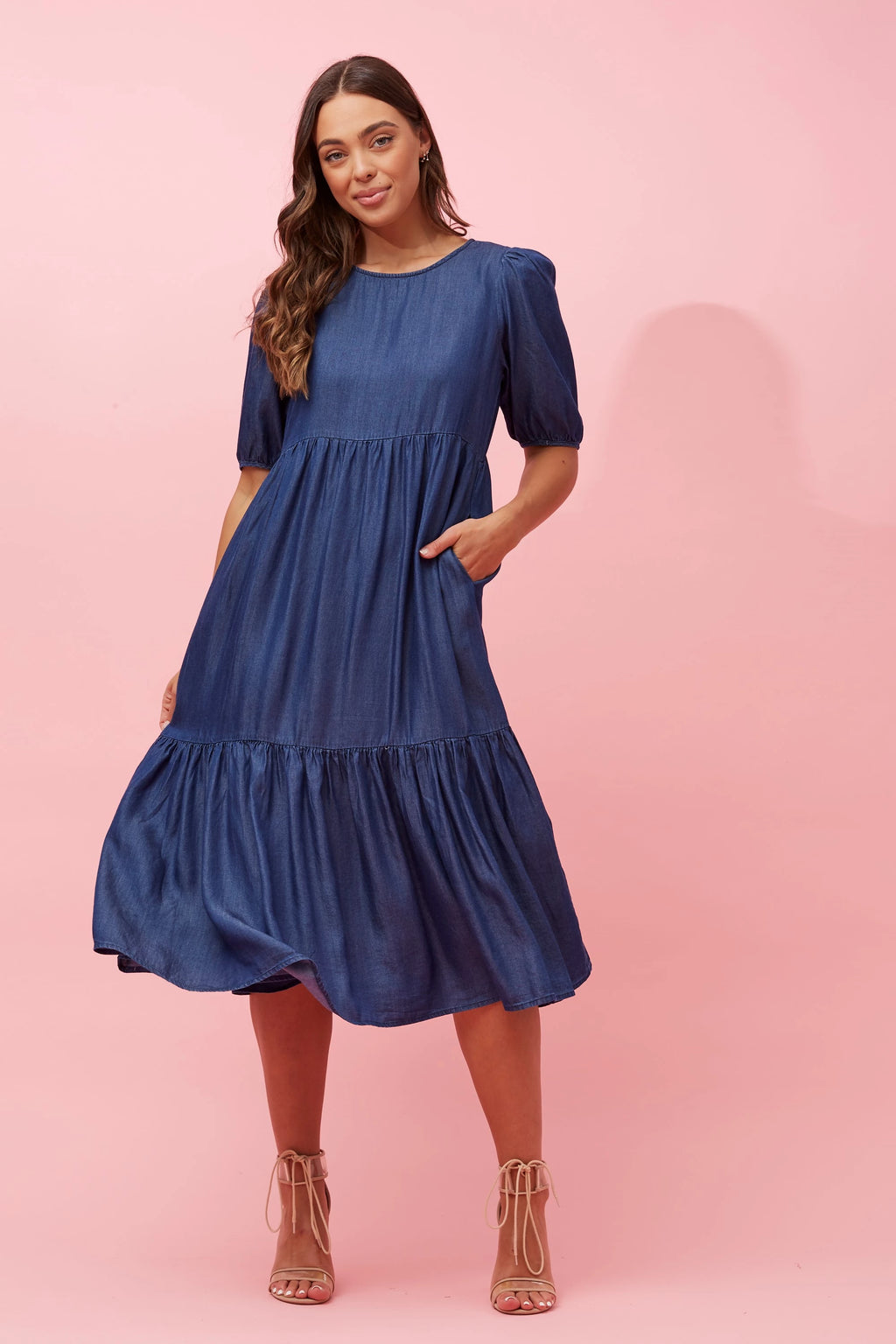 ANNIE TIERED DENIM LOOK MIDI DRESS