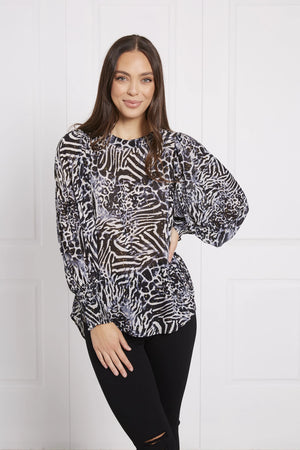 BALLOON SLEEVE ANIMAL PRINT TOP