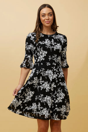 BLOOM FLORAL FRILL SLEEVE SHORT DRESS