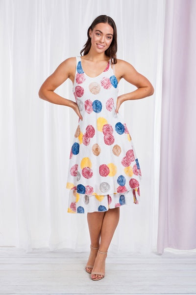 Sleeveless Circle Print  Layered Hem Dress