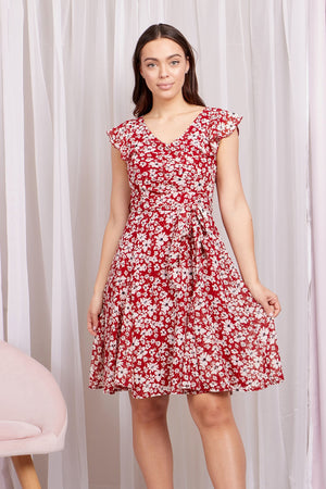 Floral Print Ruffle Dress With Tie