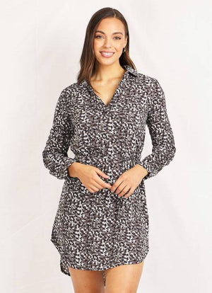 Long Sleeve Roll-up Printed Shirt Dress With Waist Tie