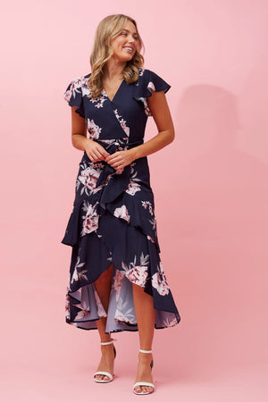 DENVER FLORAL RUFFLE HEM HI LOW DRESS