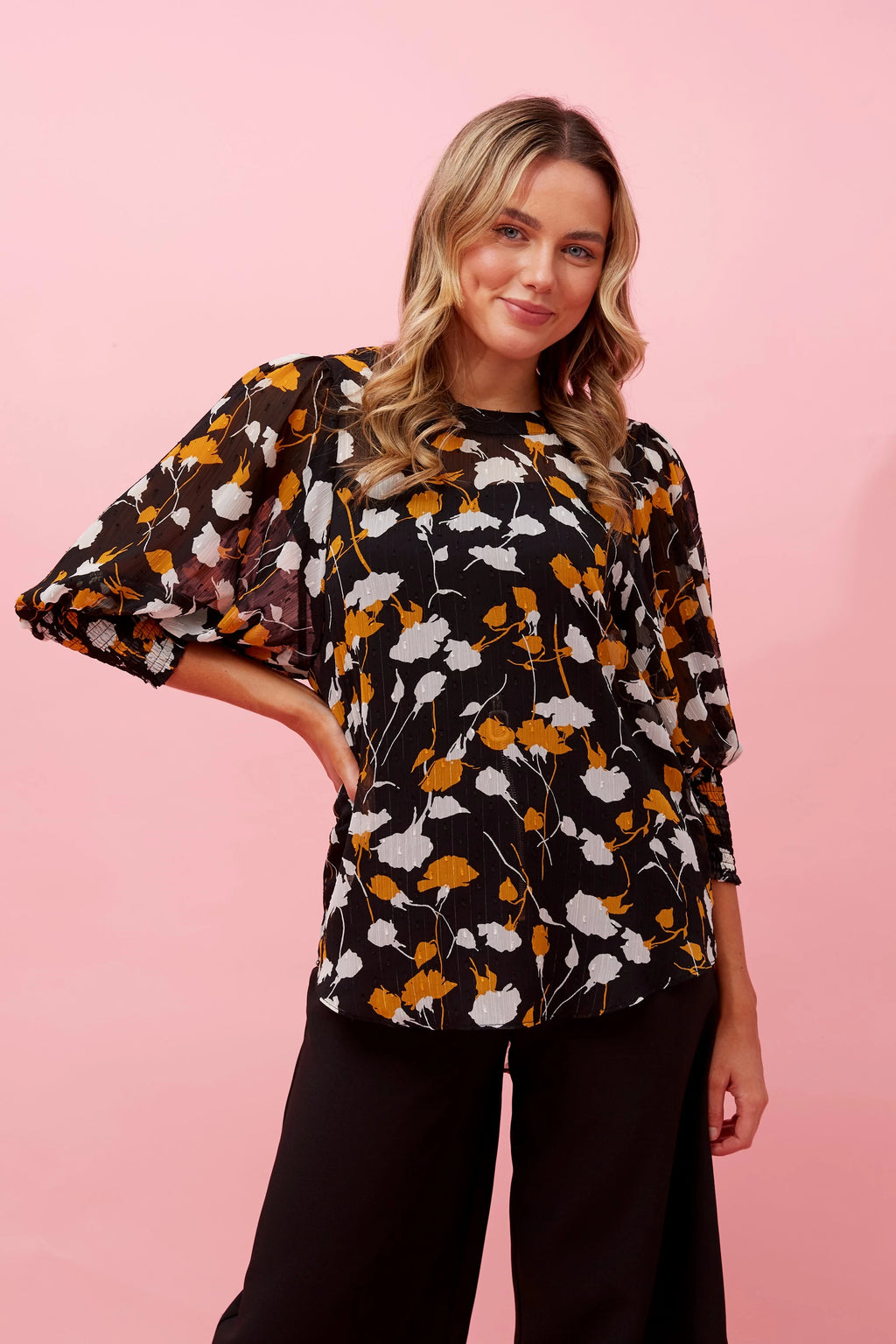 ELEGANT BALLOON SLEEVE FLORAL BLOUSE