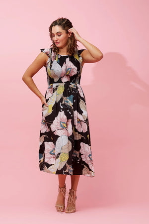 FLORAL FRILL SLEEVE MIDI DRESS