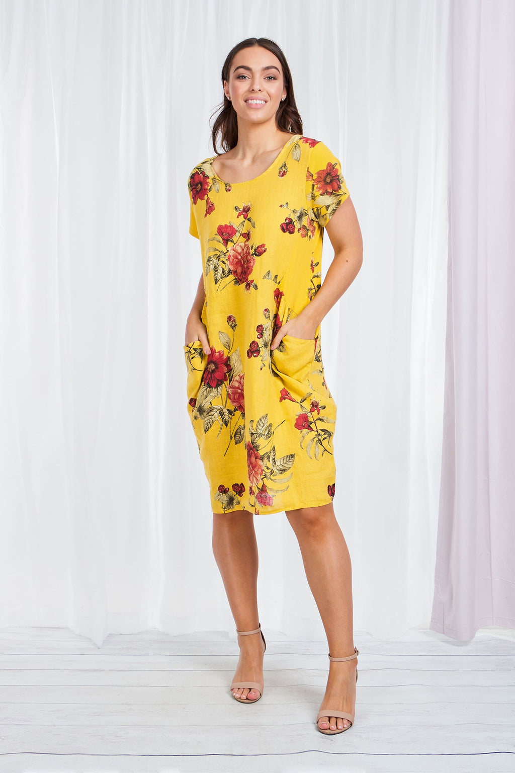 FLORAL LONGLINE LINEN TUNIC DRESS