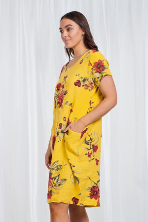 FLORAL LONGLINE LINEN TUNIC DRESS