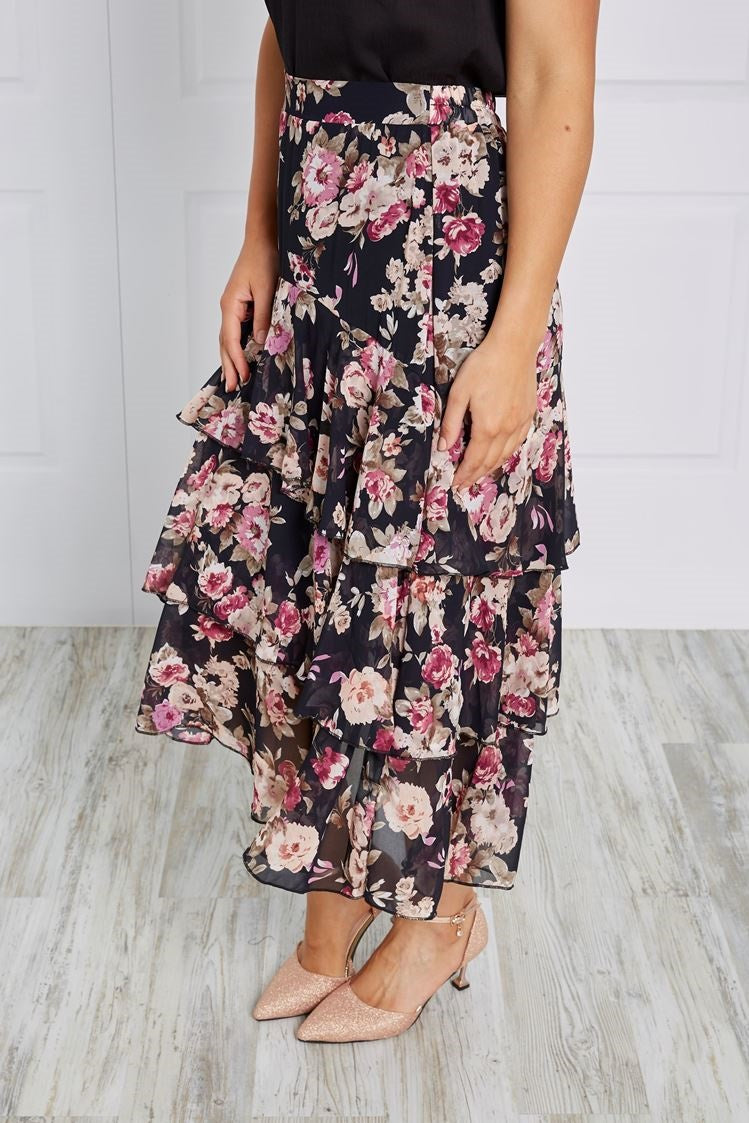 FLORAL RUFFLE MIDI SKIRT