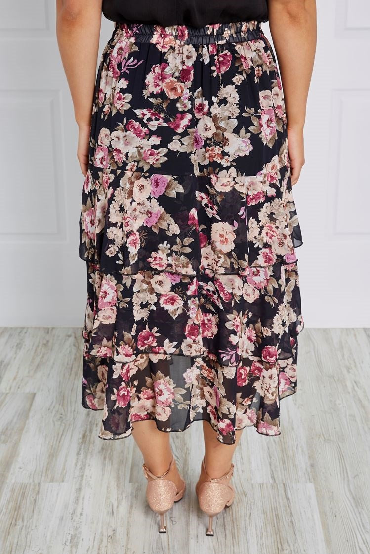 FLORAL RUFFLE MIDI SKIRT