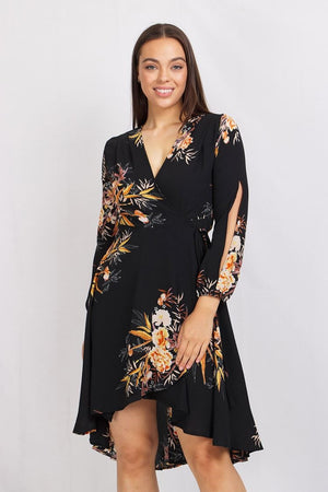 Long Sleeve Printed Wrap Dress