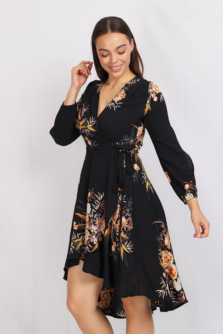 Long Sleeve Printed Wrap Dress