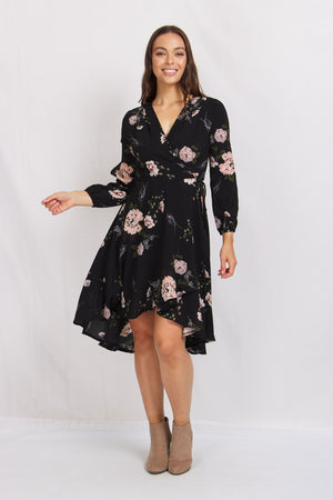 LONG SLEEVE FLORAL WRAP DRESS