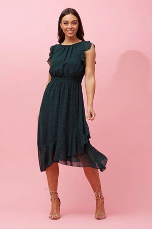 FRILL SLEEVE ANIMAL PRINT MIDI DRESS