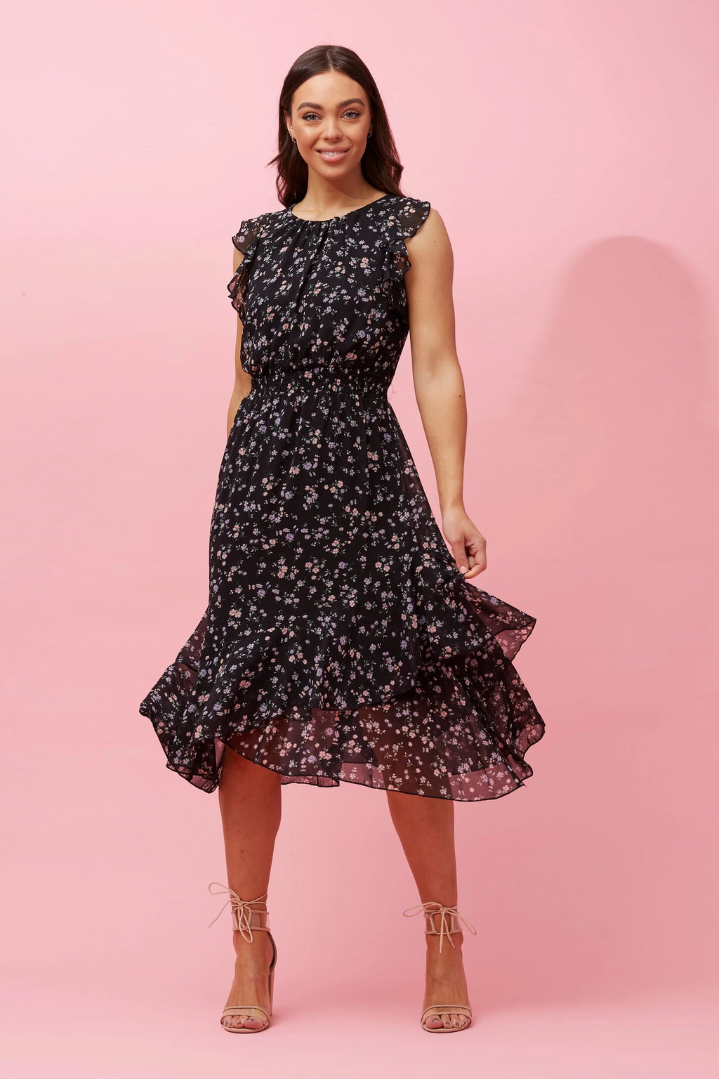 FRILL SLEEVE FLORAL MIDI DRESS