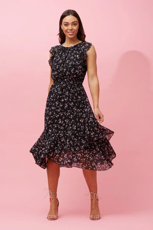 FRILL SLEEVE FLORAL MIDI DRESS