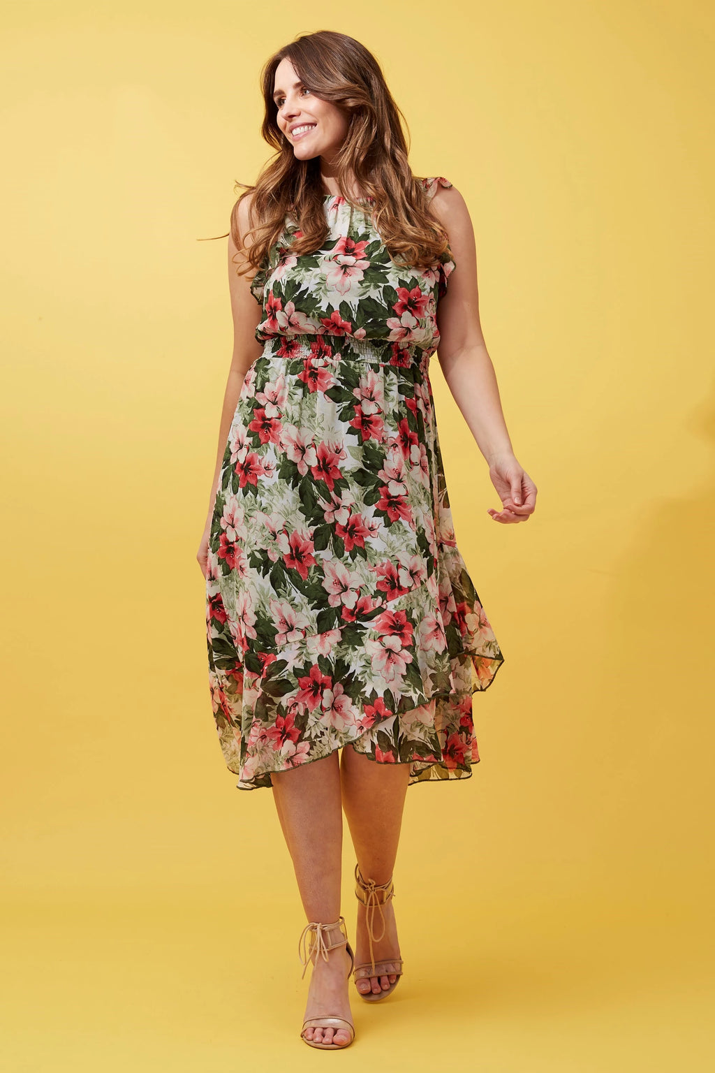 FRILL SLEEVE FLORAL MIDI DRESS