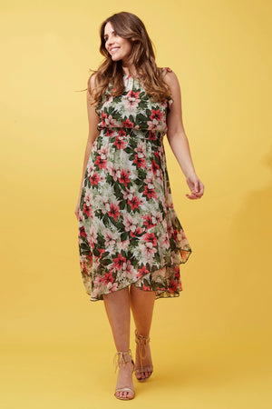 FRILL SLEEVE FLORAL MIDI DRESS