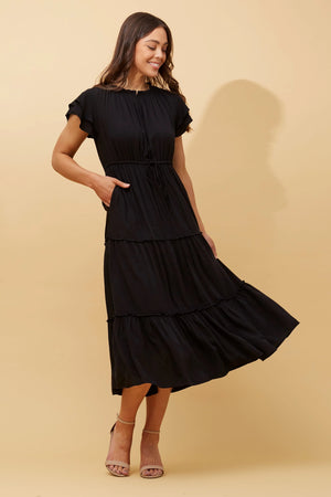 FRILL SLEEVE TIERED MIDI DRESS