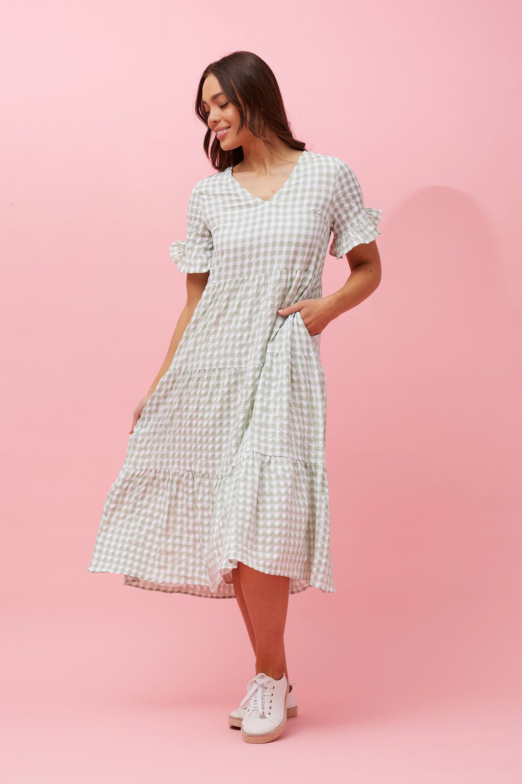 GINGHAM TIERED MIDI DRESS