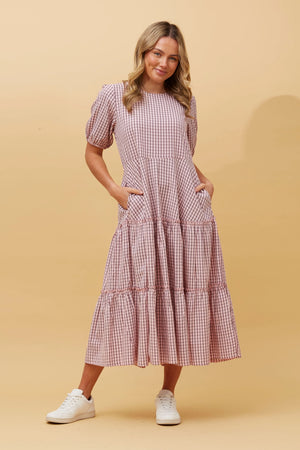 GINGHAM TIERED MIDI DRESS