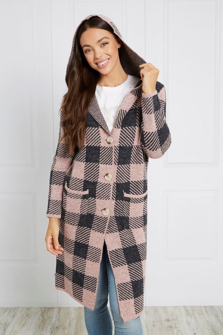 HOODED CHECK KNIT CARDIGAN